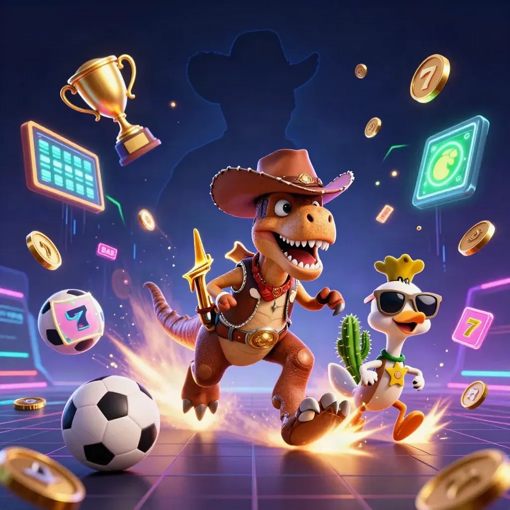 3D cowboy T-rex met cactus en roadrunner tussen goud, ballen en neon groen