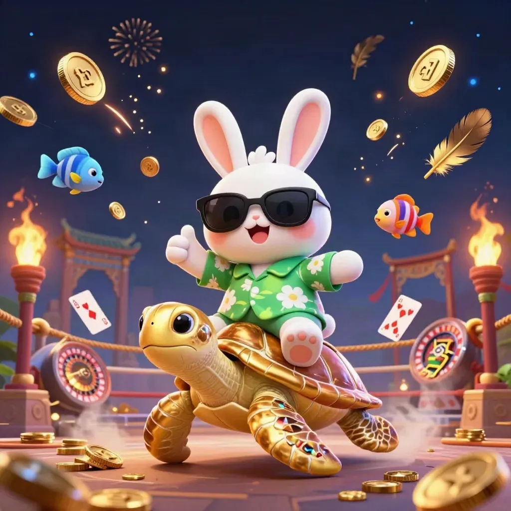 Blije cartoonkonijn op gouden zeeschildpad met munten, vuurwerk en casino-licht