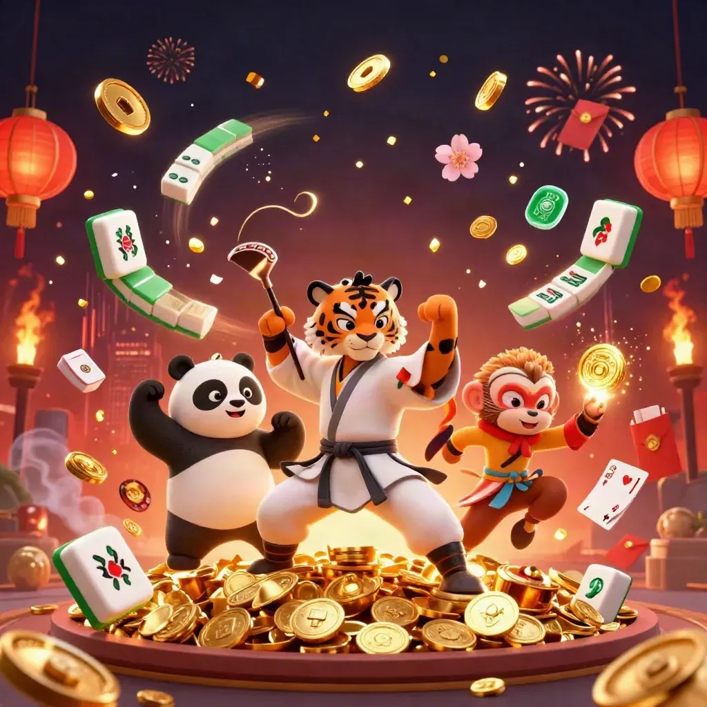 Kungfu-tijger, panda en aap tussen goud, munten en vuurwerk in een jackpotscene.