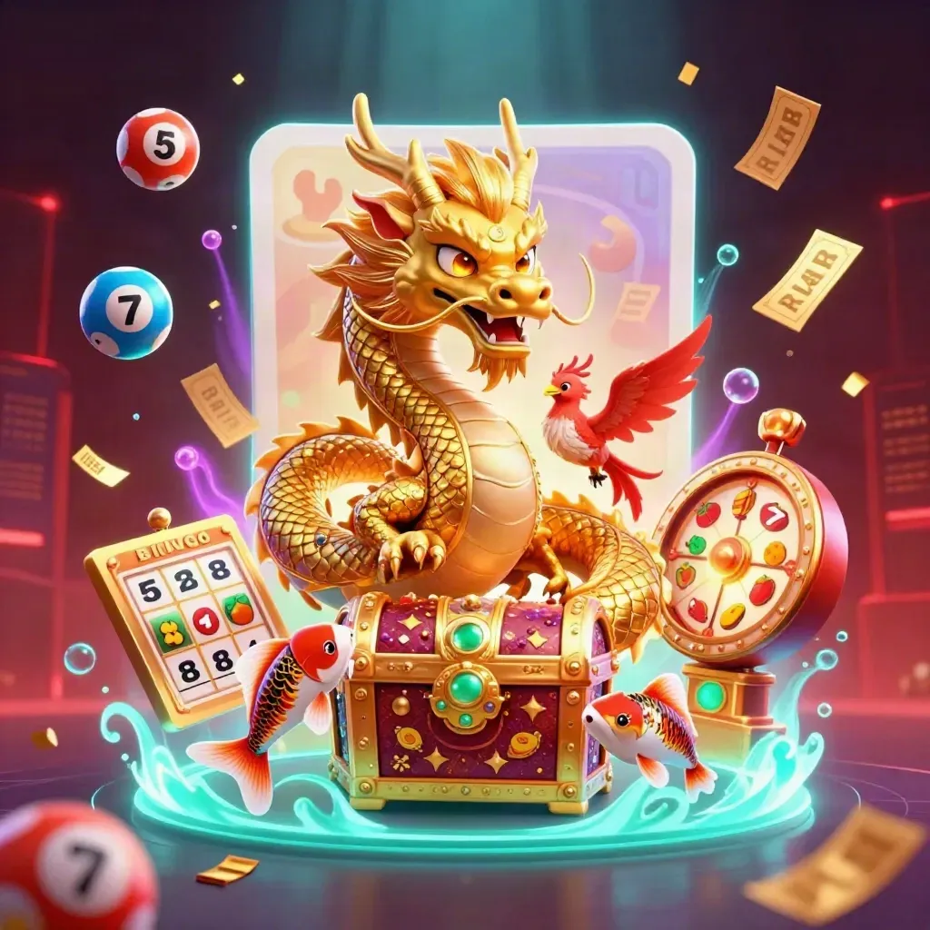 Gouden draak met phoenix en koi, omringd door loterijballen, rad en confetti in casino-uitstraling.