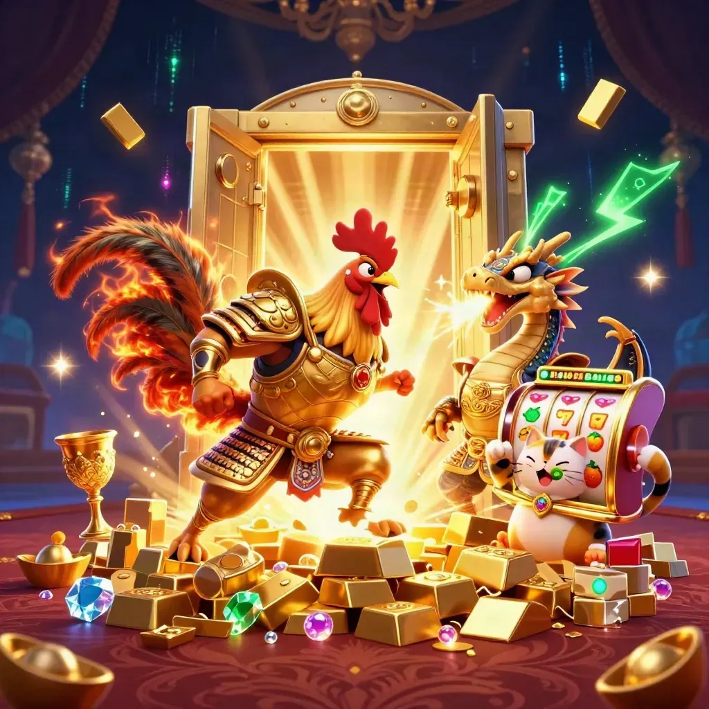 Rooster, draakje en gelukskat met goud, slotrollen en neonstralen in luxe casino-stijl