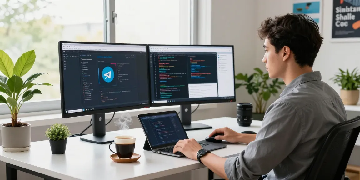 Download Telegram with a user focused on the app in a vibrant workspace.